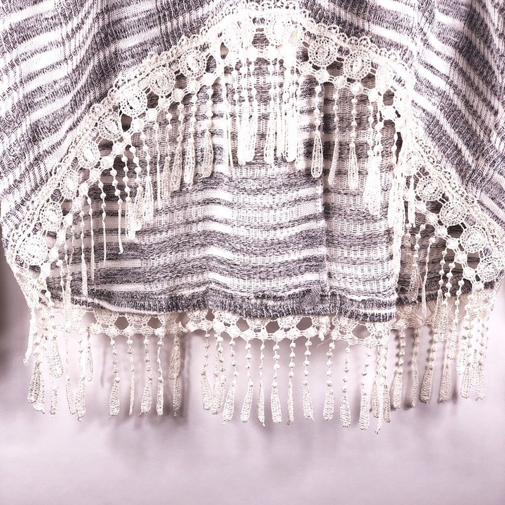 POOF Gray White Striped Lightweight Hooded Fringe Pullover Cover Up Small - Picture 5 of 9